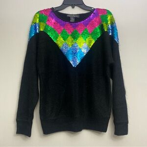 Work in Progress 1980s Multicolored Sequins Black Silk Knit Sweater Womens Large